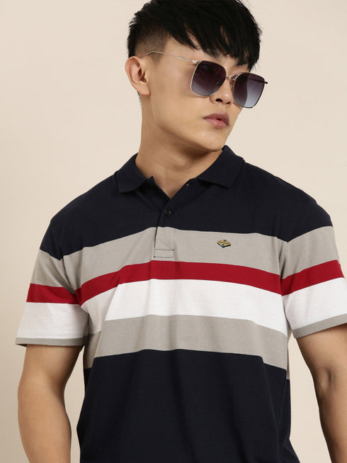 Navy Blue Striped Polo T-shirt